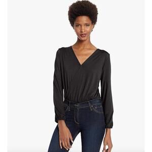 Lysse Bianca Jersey Knit Long Sleeve Wrap V-Neck Black Bodysuit Medium